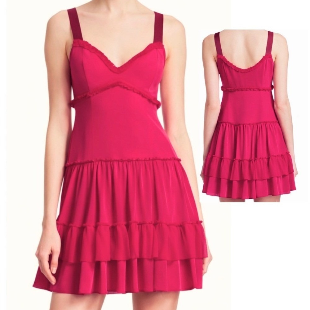Cinq a Sept‎ NWT Fuchsia Pink Silk Tiered Mini Dress with Fringe Trim Size 6